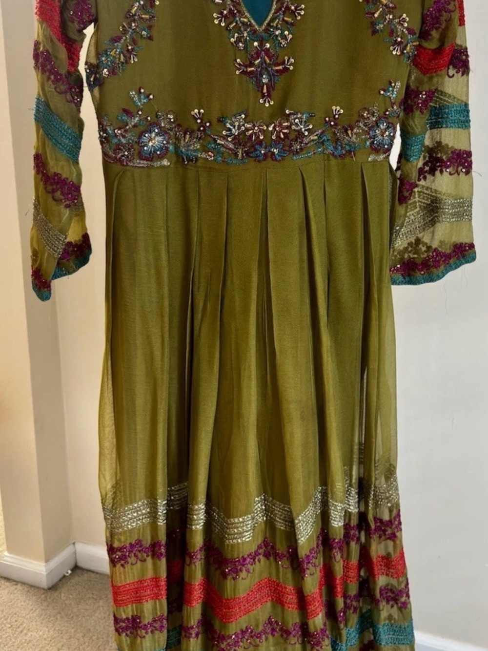 Olive Green Embroidered Girls' Party Dress